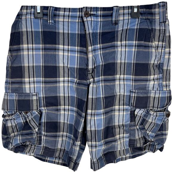 Eddie Bauer Cargo Shorts Men Size 36 Blue Plaid Pockets 100% Cotton Mid Rise Y2K - Picture 1 of 7